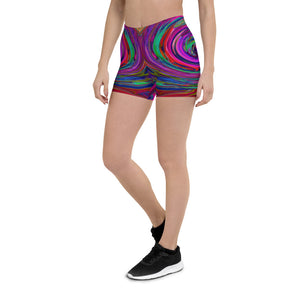 Spandex Shorts for Women, Groovy Abstract Retro Magenta Dark Rainbow Swirl