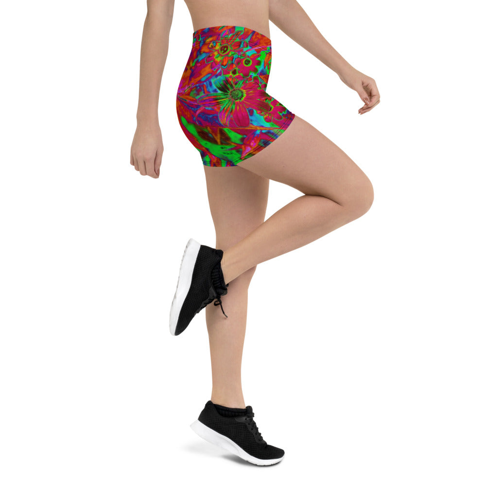 Spandex Shorts for Women, Psychedelic Groovy Red and Green Wildflowers