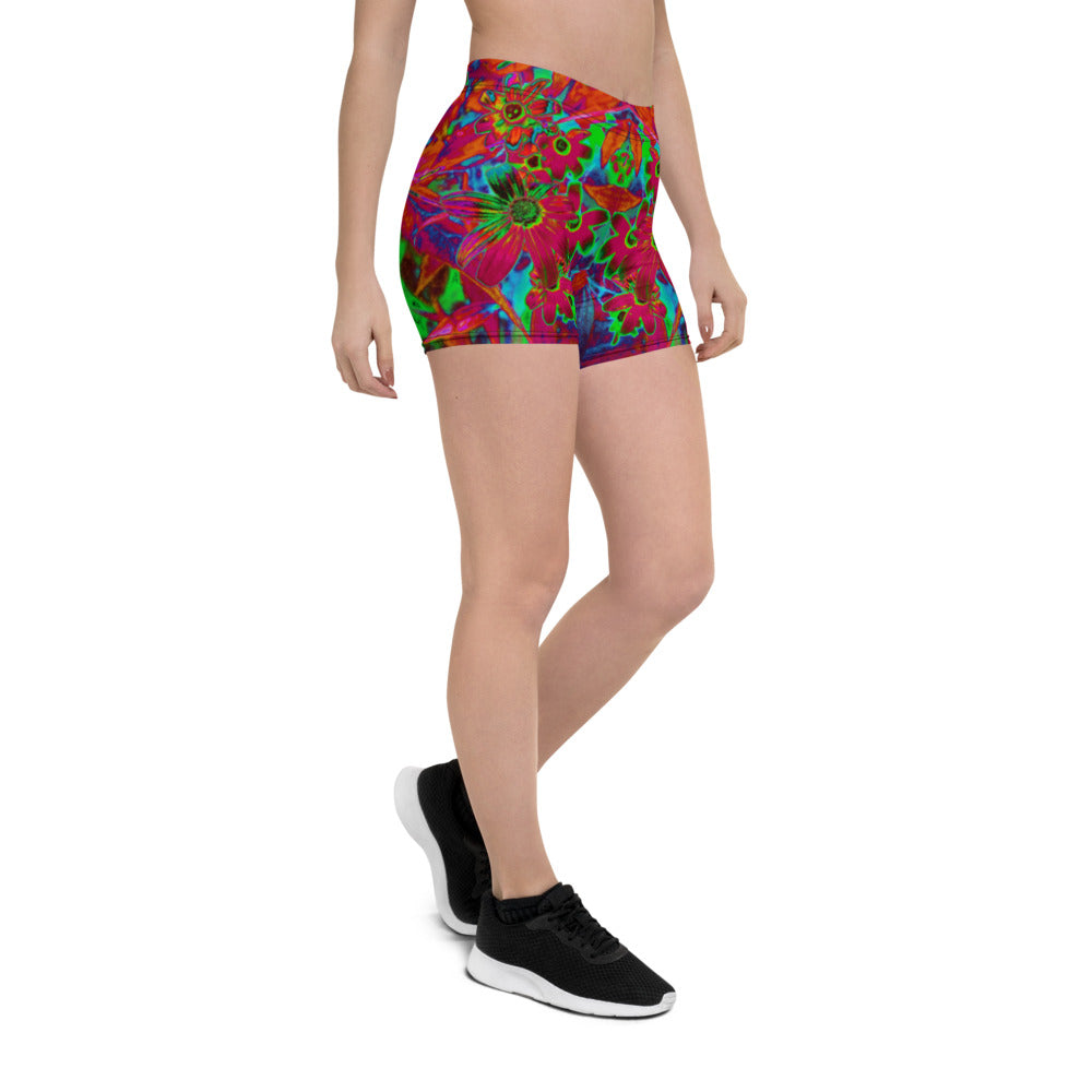 Spandex Shorts for Women, Psychedelic Groovy Red and Green Wildflowers