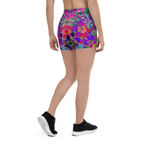 Spandex Shorts for Women, Dramatic Psychedelic Colorful Red and Purple Flowers