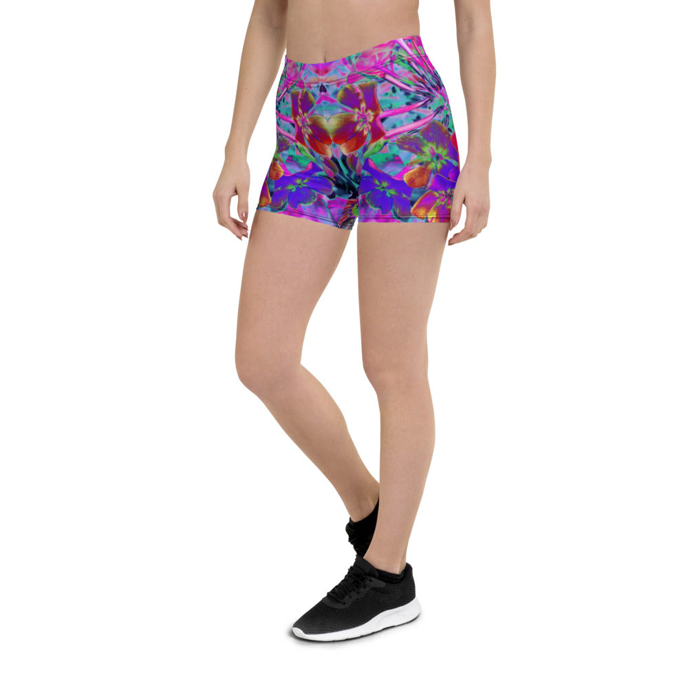 Spandex Shorts for Women, Dramatic Psychedelic Colorful Red and Purple Flowers