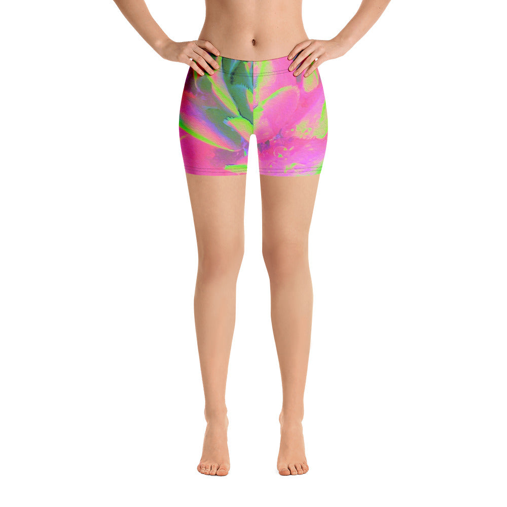 Spandex Shorts for Women, Lime Green and Pink Succulent Sedum Rosette