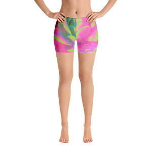 Spandex Shorts for Women, Lime Green and Pink Succulent Sedum Rosette