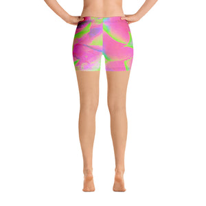 Spandex Shorts for Women, Lime Green and Pink Succulent Sedum Rosette