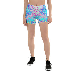 Spandex Shorts for Women, Groovy Abstract Retro Robin's Egg Blue Liquid Swirl