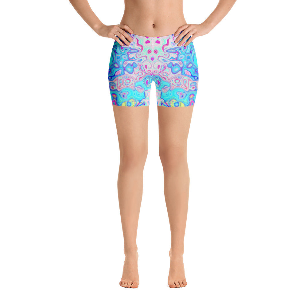 Spandex Shorts for Women, Groovy Abstract Retro Robin's Egg Blue Liquid Swirl