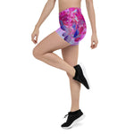 Spandex Shorts for Women, Elegant Fuchsia and Dark Blue Limelight Hydrangea
