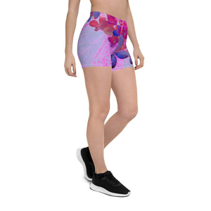 Spandex Shorts for Women, Elegant Fuchsia and Dark Blue Limelight Hydrangea