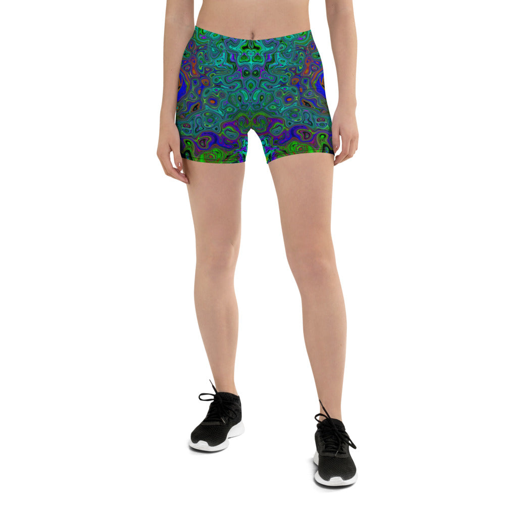 Spandex Shorts for Women, Marbled Blue and Aquamarine Abstract Retro Swirl