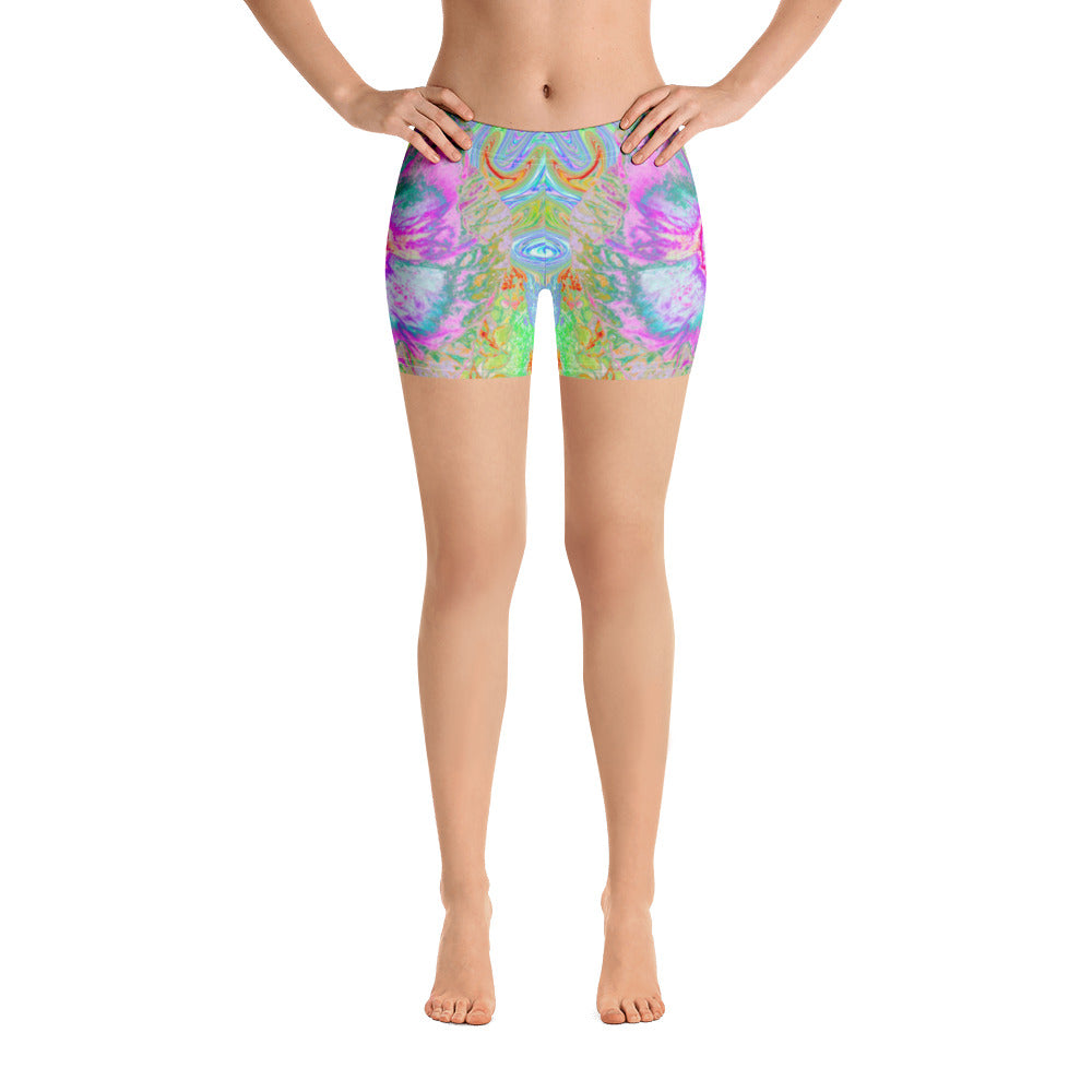 Spandex Shorts for Women, Psychedelic Hot Pink and Ultra-Violet Hibiscus
