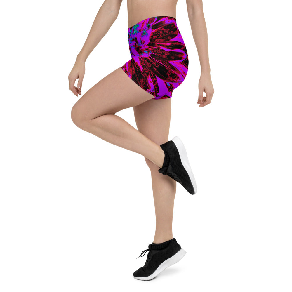 Spandex Shorts for Women, Dramatic Crimson Red, Purple and Black Dahlia