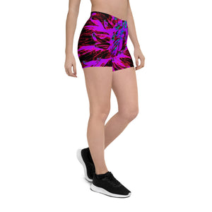 Spandex Shorts for Women, Dramatic Crimson Red, Purple and Black Dahlia