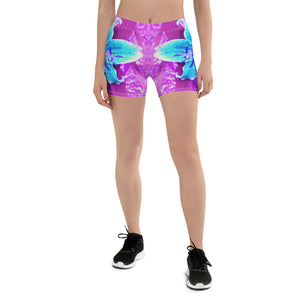 Spandex Shorts for Women, Pretty Aqua Blue Stargazer Lily on Purple