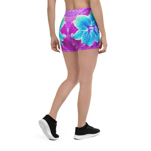 Spandex Shorts for Women, Pretty Aqua Blue Stargazer Lily on Purple