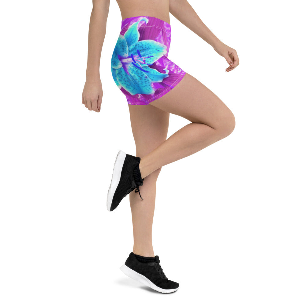 Spandex Shorts for Women, Pretty Aqua Blue Stargazer Lily on Purple