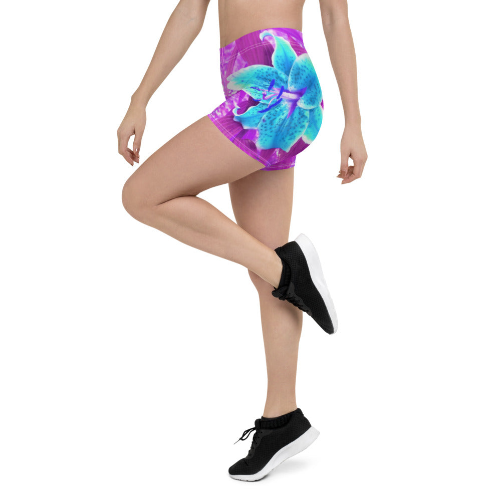 Spandex Shorts for Women, Pretty Aqua Blue Stargazer Lily on Purple