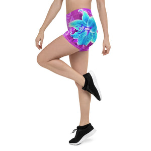 Spandex Shorts for Women, Pretty Aqua Blue Stargazer Lily on Purple