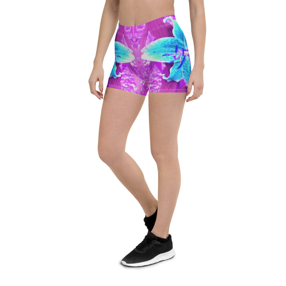 Spandex Shorts for Women, Pretty Aqua Blue Stargazer Lily on Purple