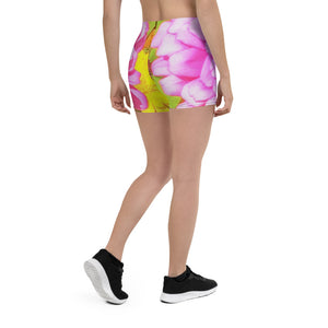 Spandex Shorts for Women, Pretty Round Pink Zinnia in the Summer Garden