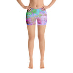 Spandex Shorts for Women, Impressionistic Pink and Turquoise Garden Landscape