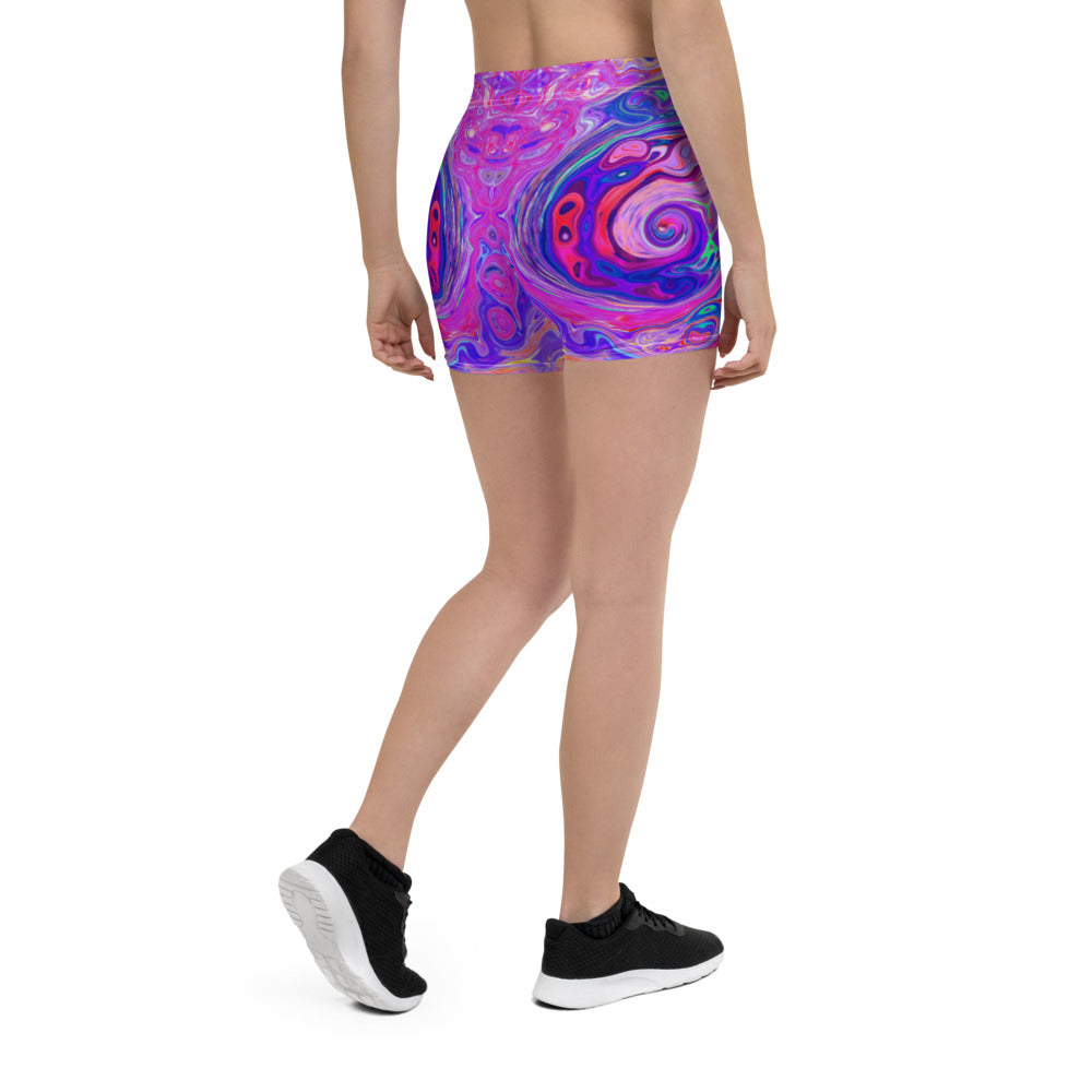 Spandex Shorts for Women, Retro Purple and Orange Abstract Groovy Swirl