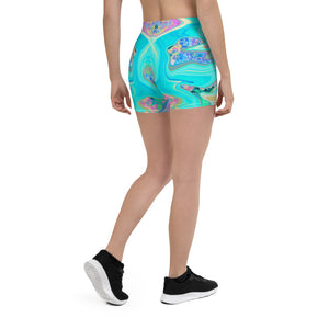 Cool Spandex Shorts for Women, Retro Aqua Blue Liquid Art on Abstract Hydrangeas