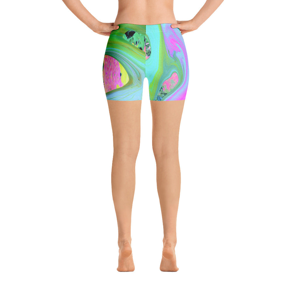 Spandex Shorts for Women, Retro Pink and Light Blue Liquid Art on Hydrangea