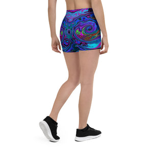 Spandex Shorts for Women, Groovy Abstract Retro Blue and Purple Swirl