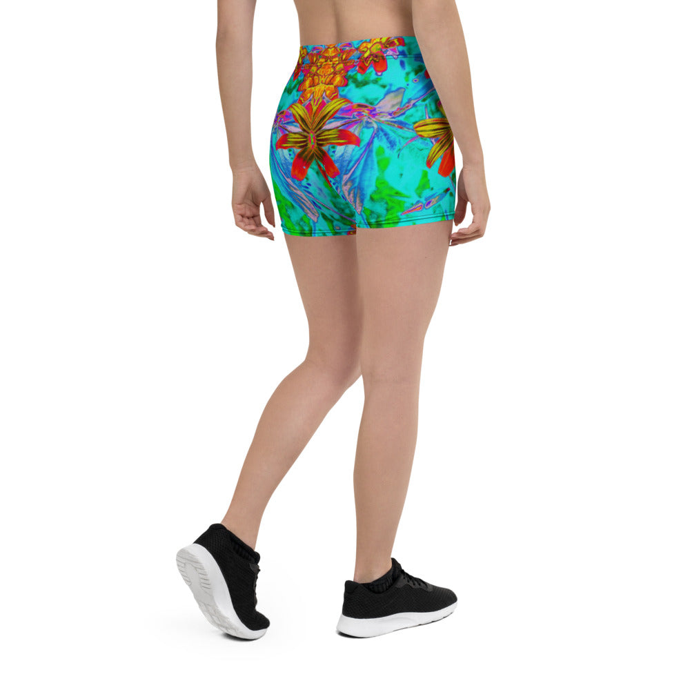 Aqua Tropical with Yellow and Orange Flowers Spandex Shorts for Women