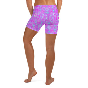 Spandex Shorts for Women, Trippy Hot Pink and Aqua Blue Abstract Pattern