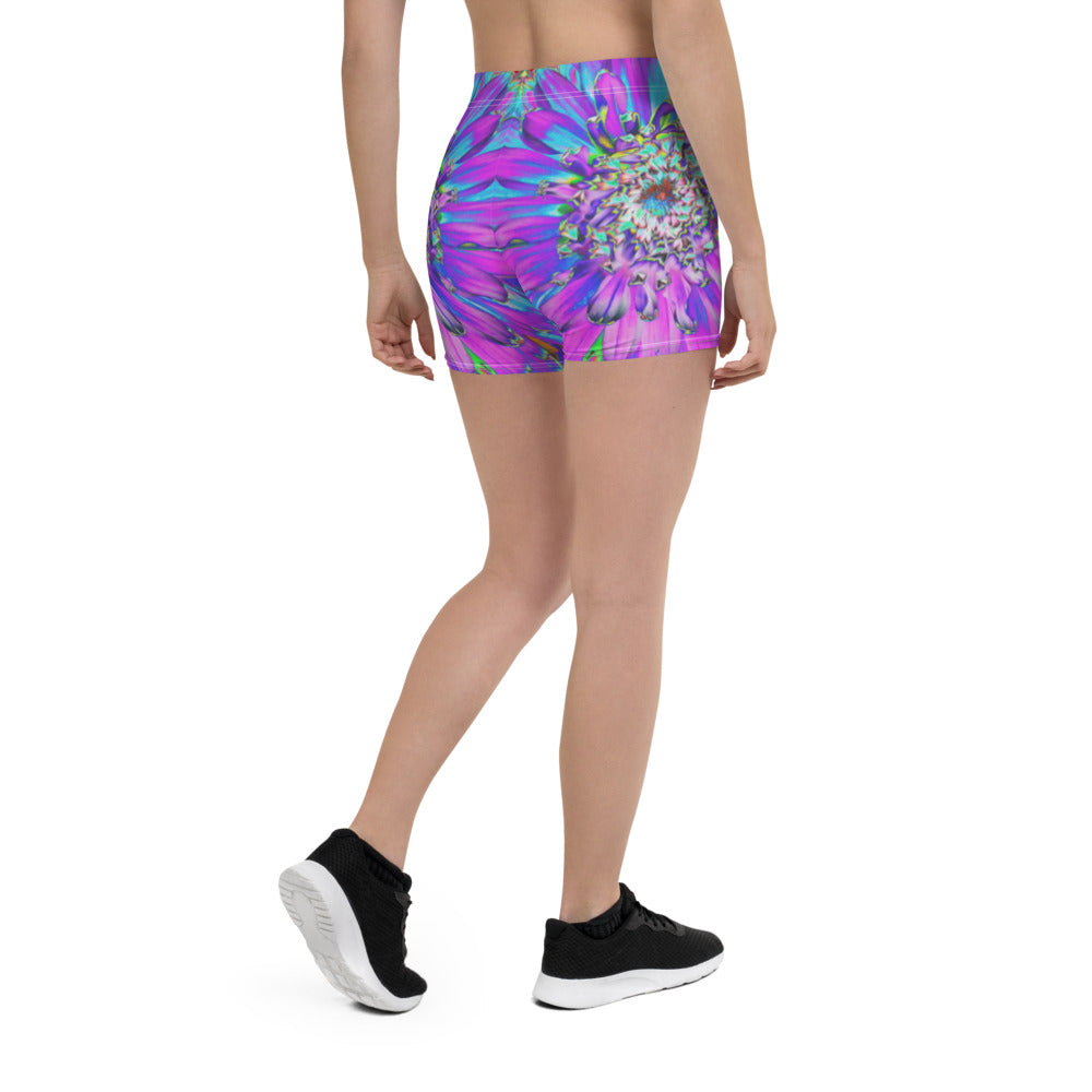 Spandex Shorts for Women, Trippy Abstract Aqua, Lime Green and Purple Dahlia