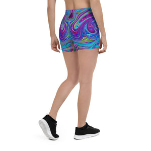 Spandex Shorts for Women, Blue, Pink and Purple Groovy Abstract Retro Art