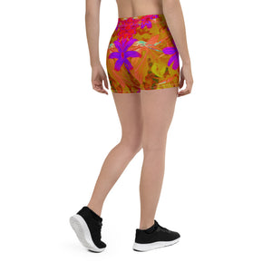 Spandex Shorts for Women, Colorful Ultra-Violet, Magenta and Red Wildflowers