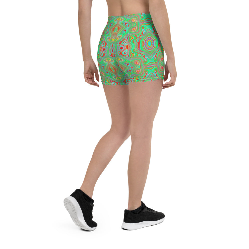 Spandex Shorts for Women, Trippy Retro Orange and Lime Green Abstract Pattern