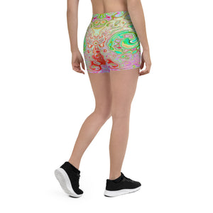 Spandex Shorts for Women, Groovy Abstract Retro Pastel Green Liquid Swirl