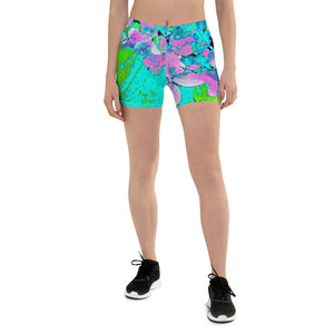 Spandex Shorts for Women, Elegant Pink and Blue Limelight Hydrangea