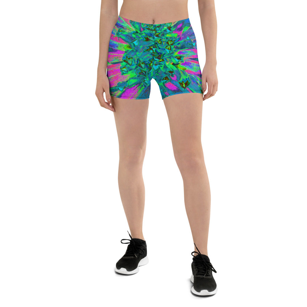 Spandex Shorts for Women, Psychedelic Magenta, Aqua and Lime Green Dahlia