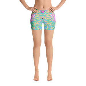 Spandex Shorts for Women, Decorative Teal Green and Hot Pink Dahlia Flower