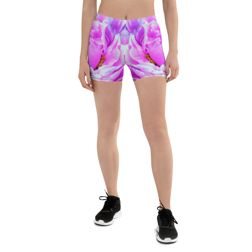 Spandex Shorts for Women, Stunning Double Pink Peony Flower Detail