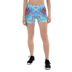 Colorful Spandex Shorts for Women, Hot Pink and Blue Succulent Sedum Rosette