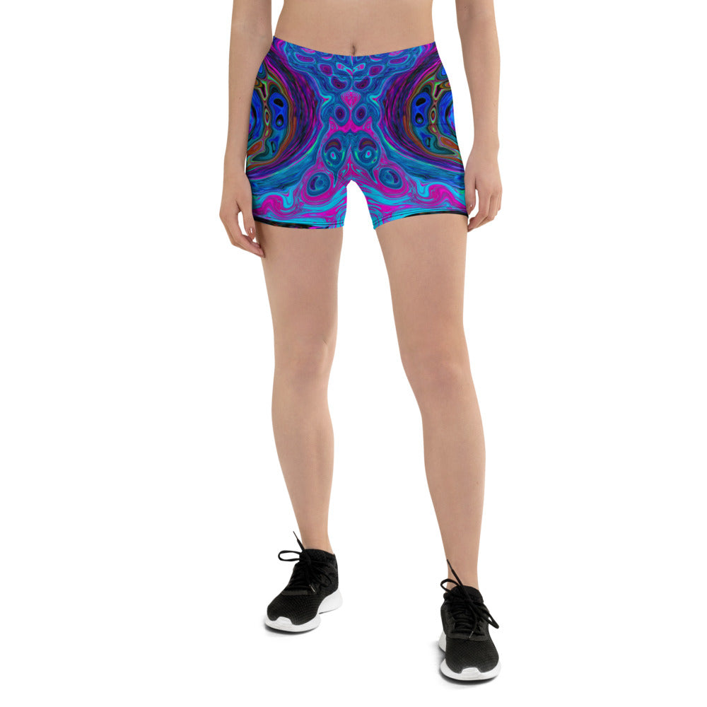 Spandex Shorts for Women, Groovy Abstract Retro Blue and Purple Swirl