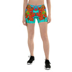 Aqua Tropical with Yellow and Orange Flowers Spandex Shorts for Women