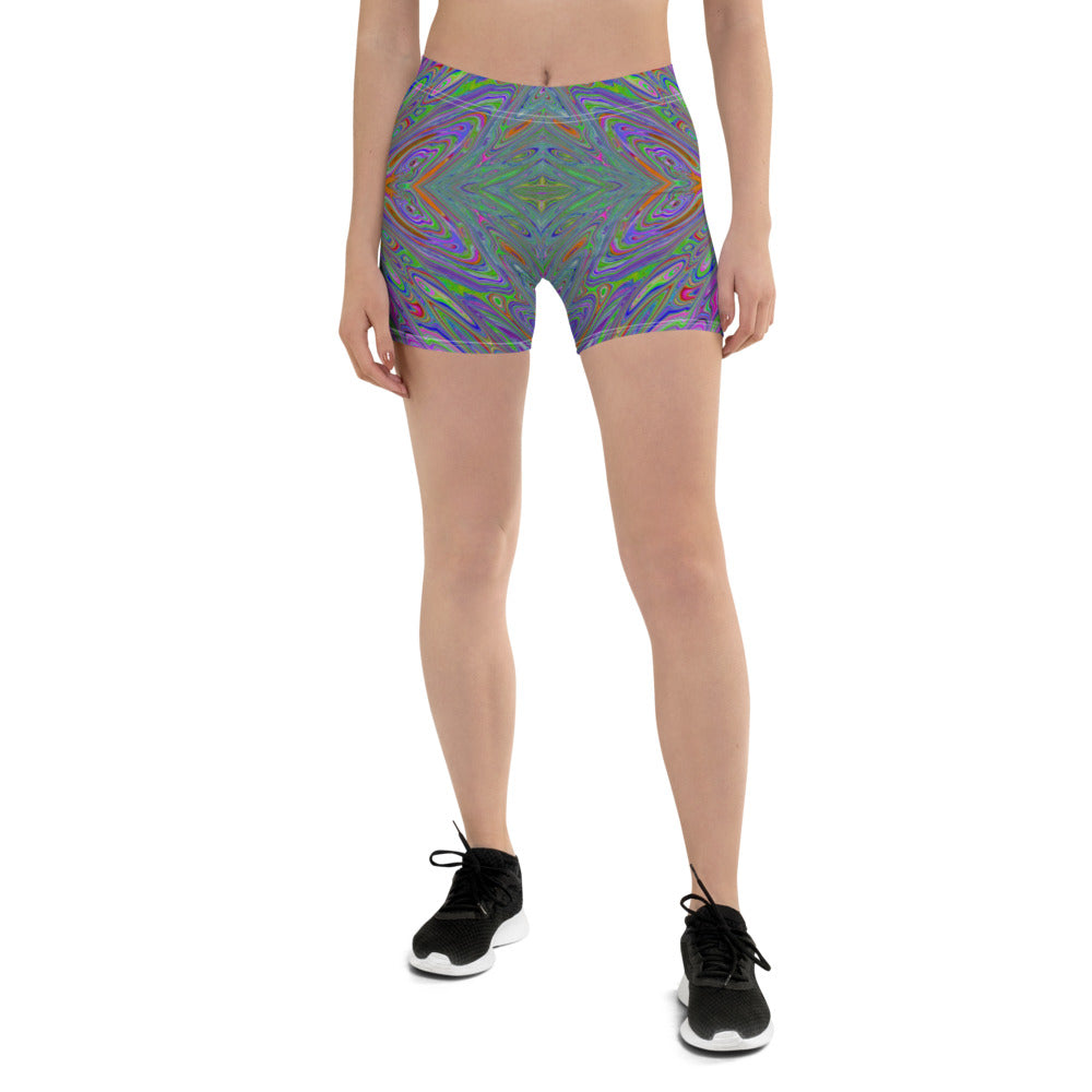 Spandex Shorts for Women, Abstract Trippy Purple, Orange and Lime Green Butterfly
