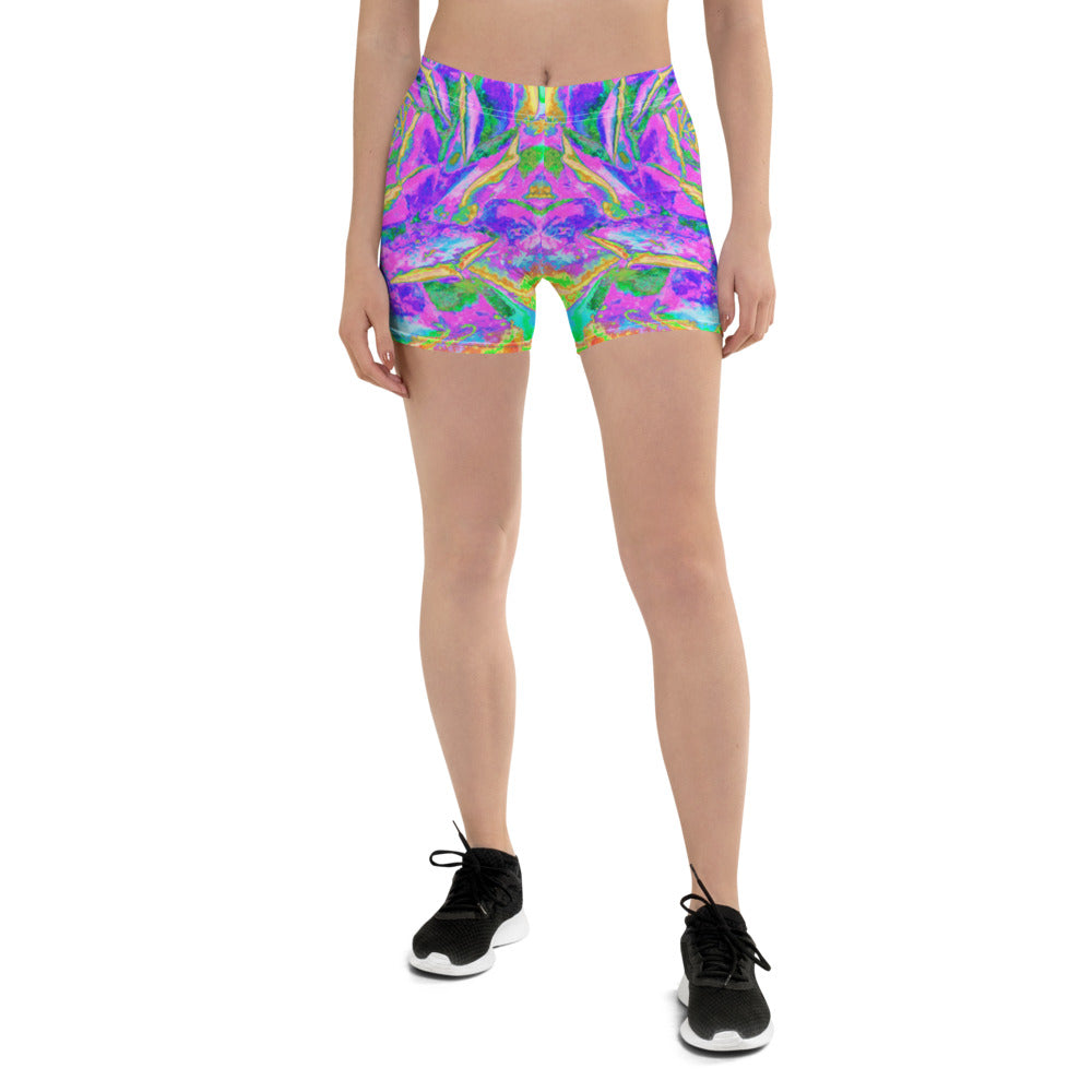 Spandex Shorts for Women, Rainbow Colors Fiesta Succulent Sedum Rosette
