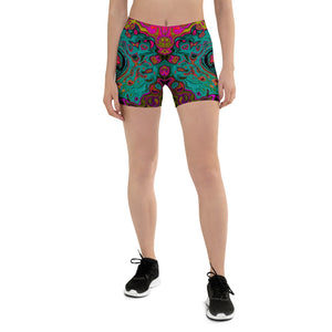 Spandex Shorts for Women, Trippy Turquoise Abstract Retro Liquid Swirl