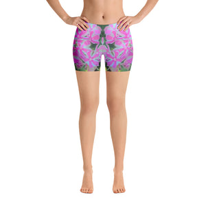 Spandex Shorts for Women, Hot Pink and White Peppermint Twist Garden Phlox