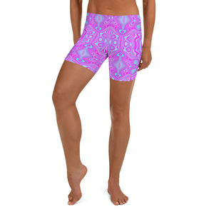 Spandex Shorts for Women, Trippy Hot Pink and Aqua Blue Abstract Pattern