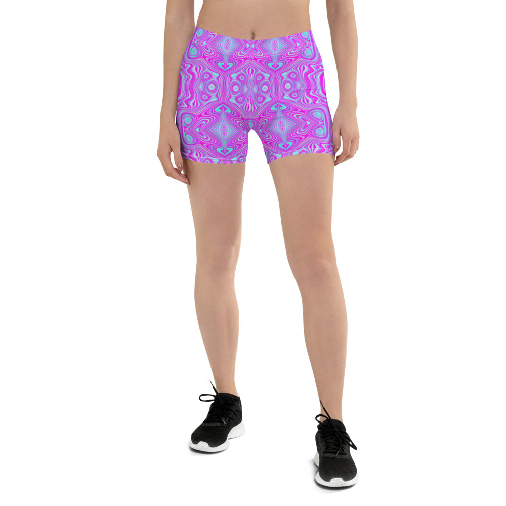Spandex Shorts for Women, Trippy Hot Pink and Aqua Blue Abstract Pattern
