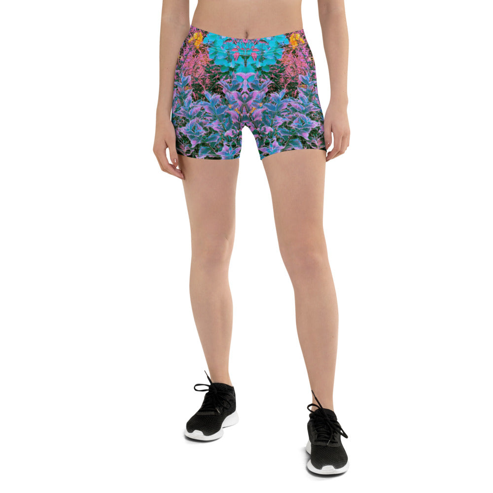 Spandex Shorts For Women, Abstract Coral, Pink, Green and Aqua Garden Foliage