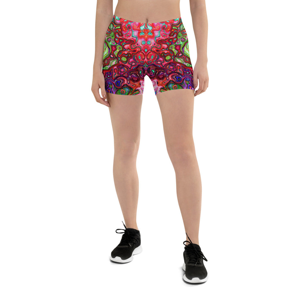 Spandex Shorts for Women, Watercolor Red Groovy Abstract Retro Liquid Swirl